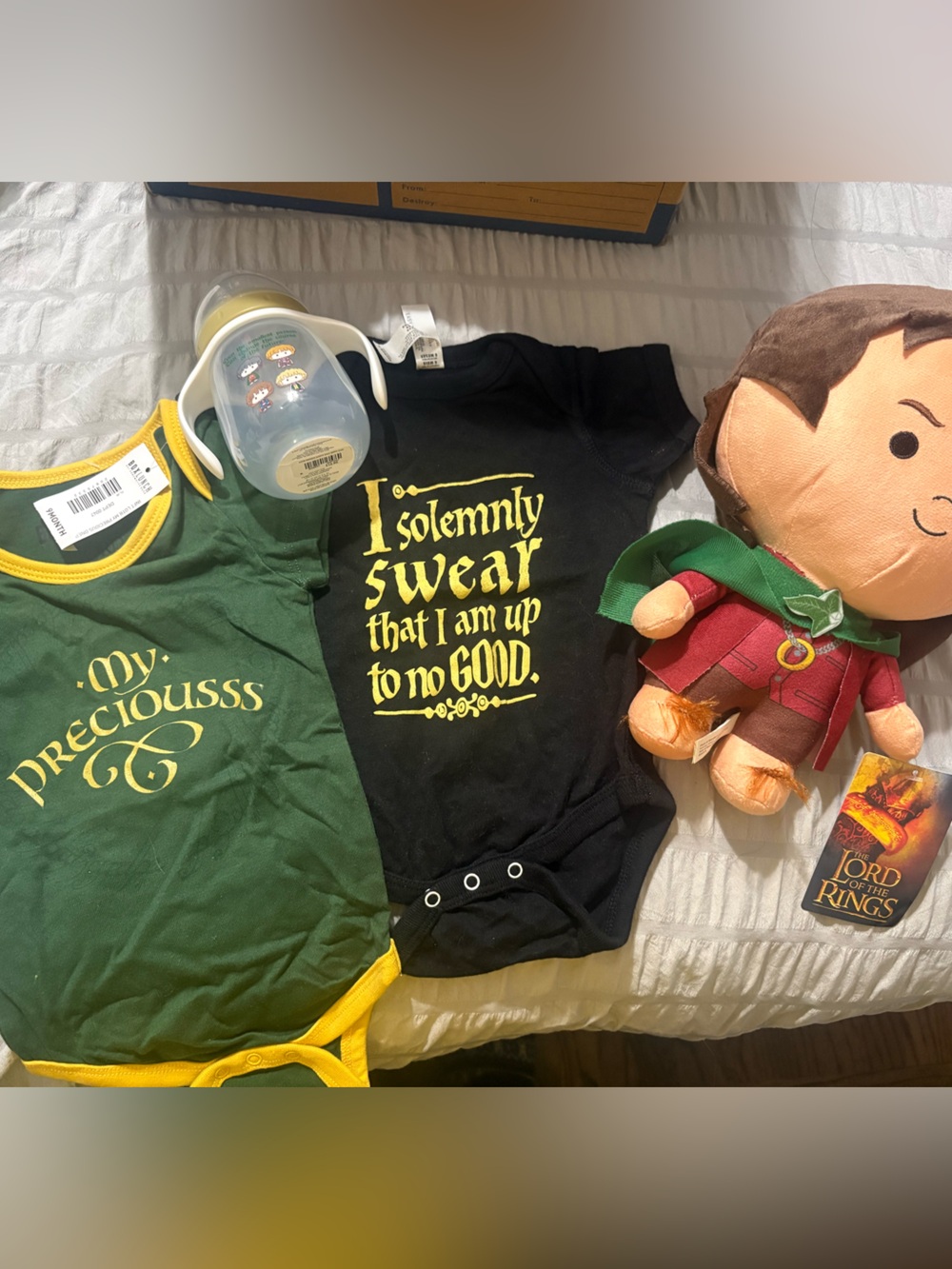 Lord of the Rings Baby Onesie, Bottle and plush gift Set. Harry Potter onsie